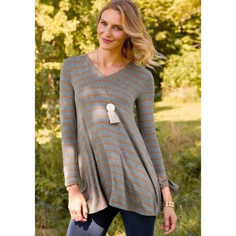 Matilda Jane Size XS Striped Wind Song Long Sleeve Tunic Top Gray Orange